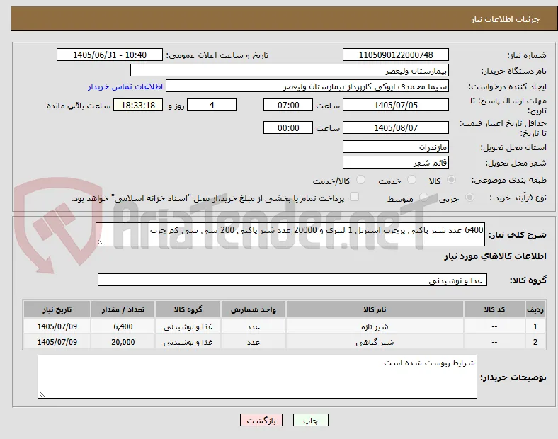 6400 عدد شیر پاکتی پرچرب استریل 1 لیتری و 20000 عدد شیر پاکتی 200 سی سی کم چرب