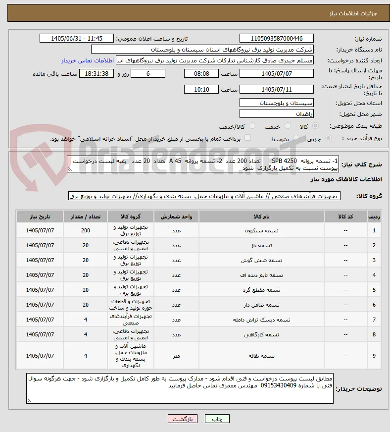 1- تسمه پروانه  SPB 4250      تعداد 200 عدد  2- تسمه پروانه  A 45  تعداد  20 عدد   بقیه لیست درخواست پیوست نسبت به تکمیل بارگزاری  شود 