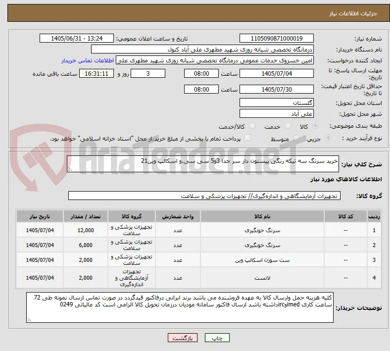 خرید سرنگ سه تیکه رنگی پیستون دار سر جدا 3و5 سی سی.و اسکالپ وین21