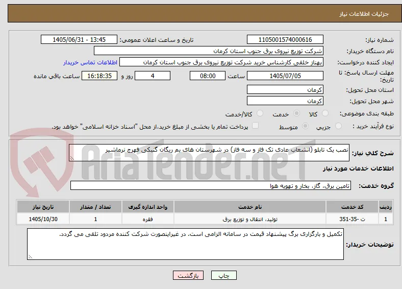 نصب یک تابلو (انشعاب عادی تک فاز و سه فاز) در شهرستان های بم ریگان گنبکی فهرج نرماشیر