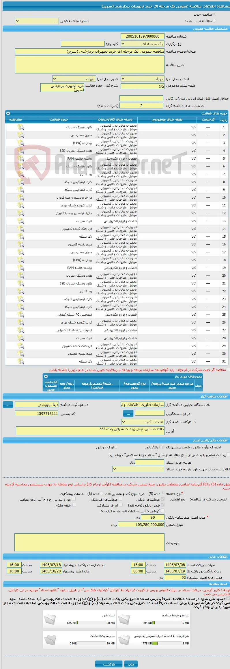 مناقصه عمومی یک مرحله ای خرید تجهیزات پردازشی (سرور)
