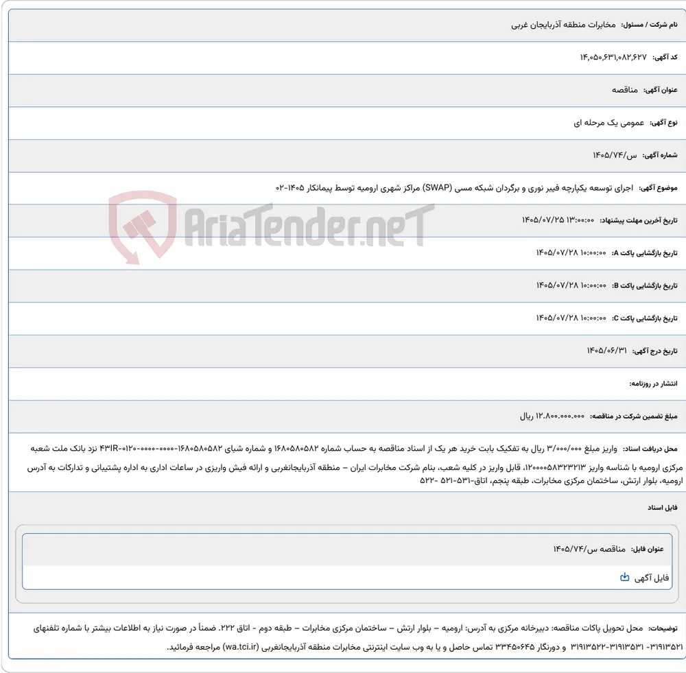 اجرای توسعه یکپارچه فیبر نوری و برگردان شبکه مسی (SWAP) مراکز شهری ارومیه توسط پیمانکار 1405-02