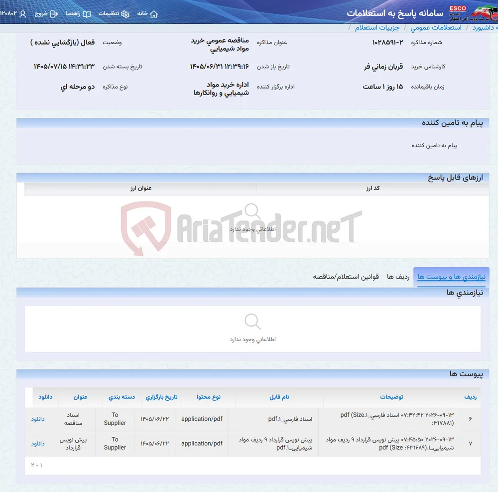 مناقصه عمومی خرید مواد شیمیایی