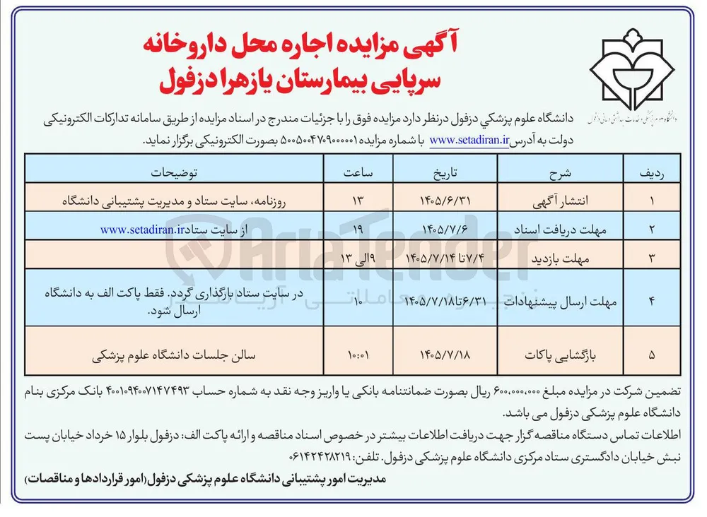 اجاره محل داروخانه سرپایی بیمارستان یازهرا دزفول
