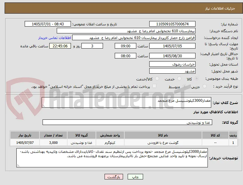 مقدار3000کیلوشنیسل مرغ منجمد