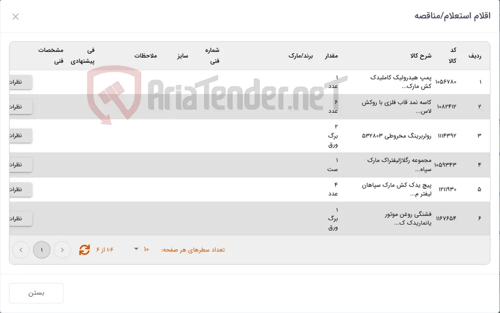 6 ردیف اقلام یدکی لیفتراک