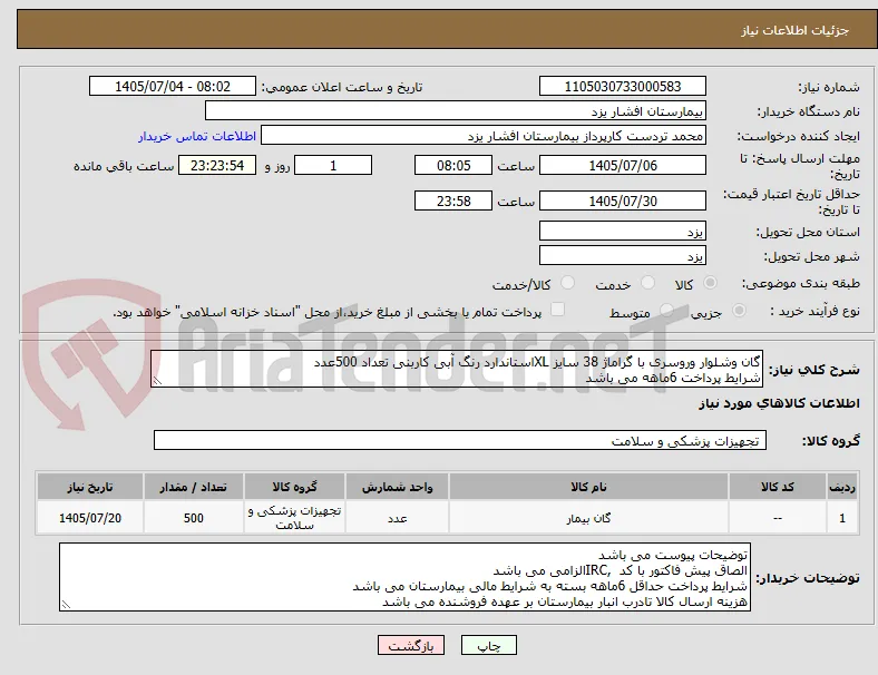 گان وشلوار وروسری با گراماژ 38 سایز XLاستاندارد رنگ آبی کاربنی تعداد 500عدد
شرایط پرداخت 6ماهه می باشد