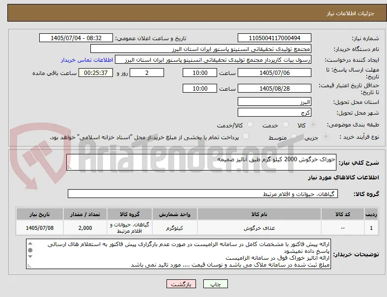 خوراک خرگوش 2000 کیلو گرم طبق آنالیز ضمیمه