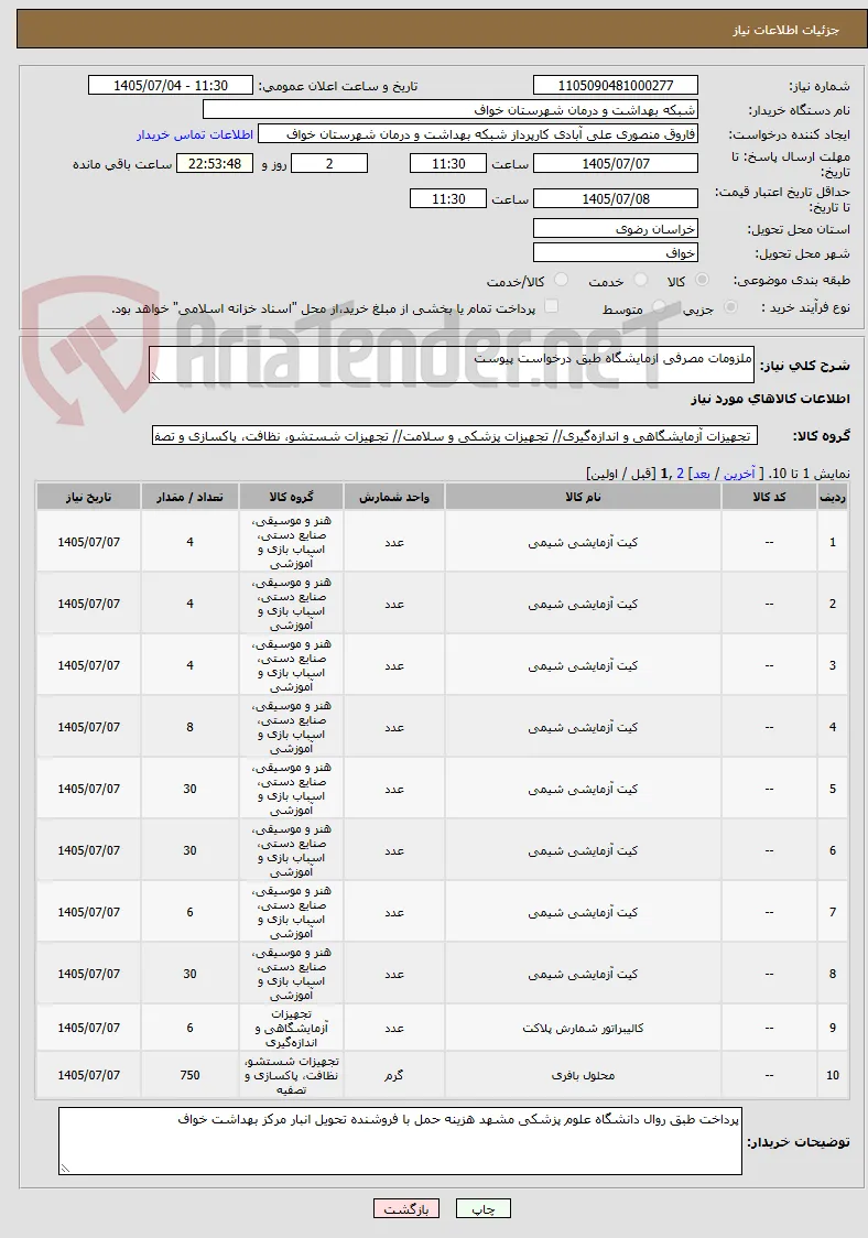 ملزومات مصرفی ازمایشگاه طبق درخواست پیوست