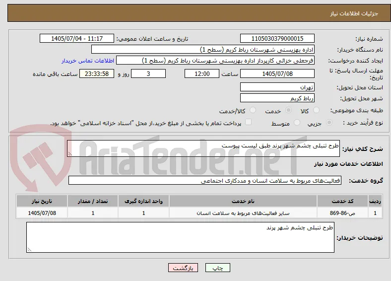 طرح تنبلی چشم شهر پرند طبق لیست پیوست