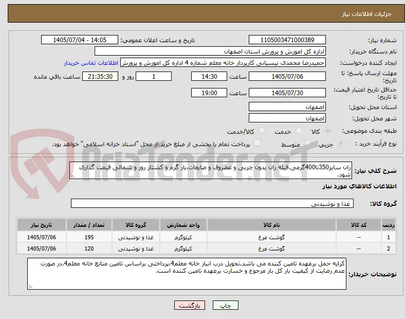 ران سایز350تا400گرمی.فیله ران بدون چربی و غضروف و ضایعات.بار گرم و کشتار روز و شمالی قیمت گذاری شود.