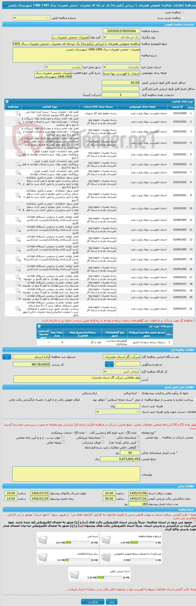 مناقصه عمومی همزمان با ارزیابی (یکپارچه) یک مرحله ای تعمیرات حجمی تعمیرات سال 1405-1406 شهرستان رامسر 