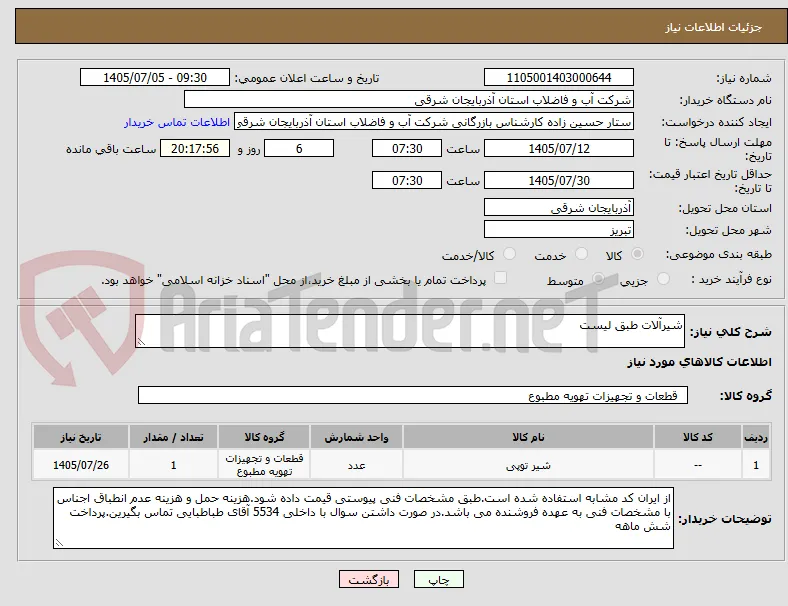 شیرآلات طبق لیست