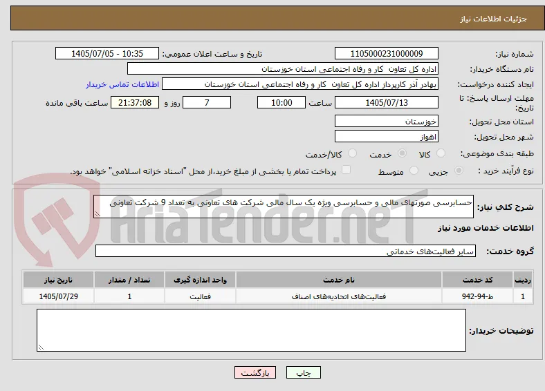 حسابرسی صورتهای مالی و حسابرسی ویژه یک سال مالی شرکت های تعاونی به تعداد 9 شرکت تعاونی