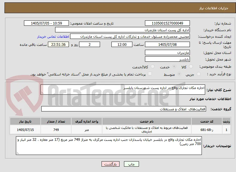 اجاره مکان تجاری واقع در اداره پست شهرستان بابلسر