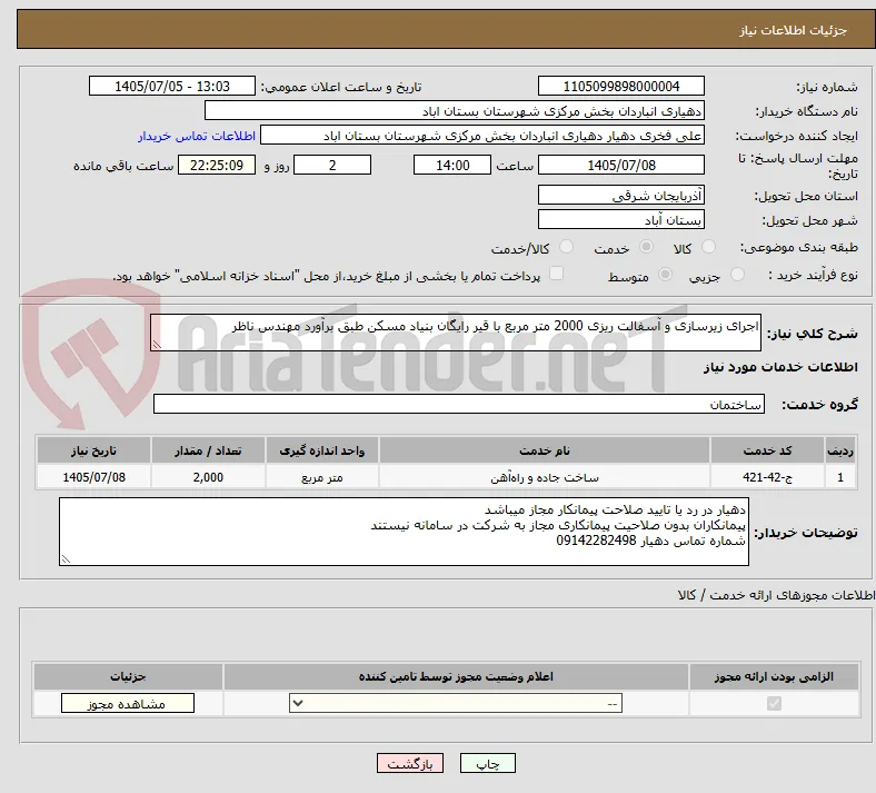 اجرای زیرسازی و آسفالت ریزی 2000 متر مربع با قیر رایگان بنیاد مسکن طبق برآورد مهندس ناظر