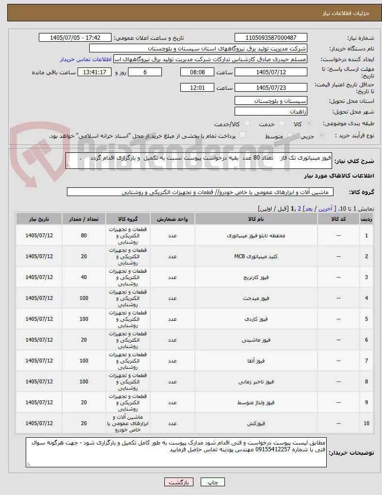 فیوز مینیاتوری تک فاز    تعداد 80 عدد  بقیه درخواست پیوست نسبت به تکمیل  و بارگزاری اقدام گردد     .        
