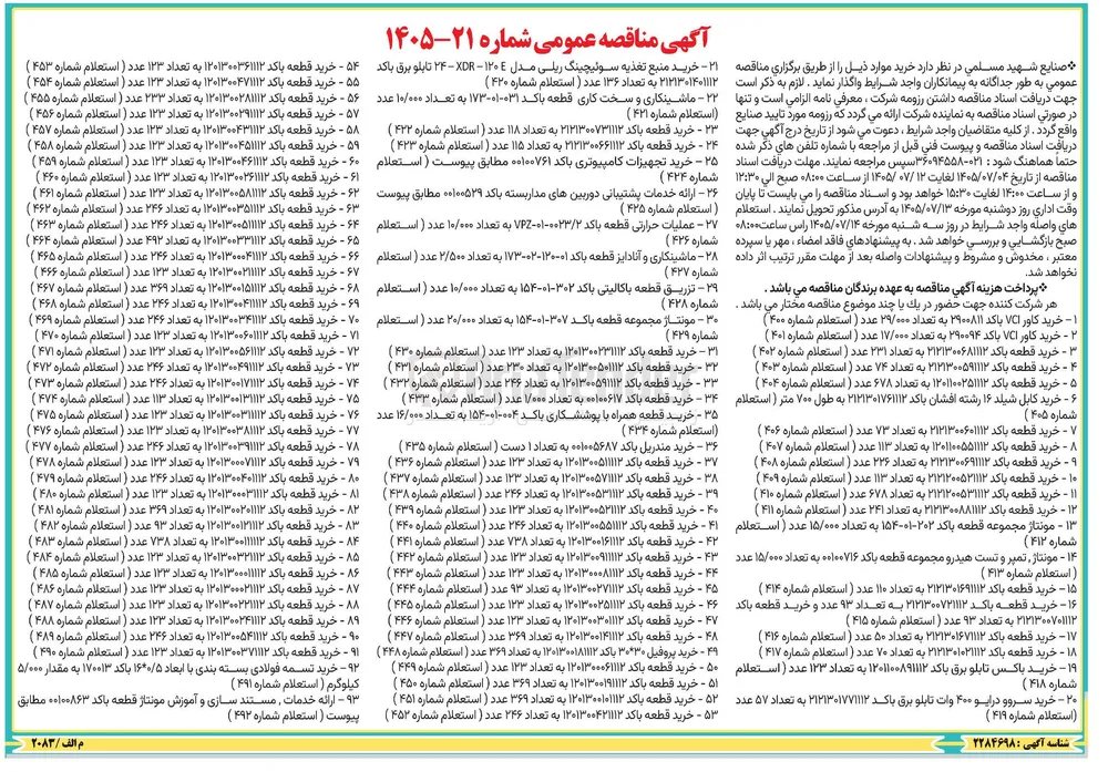 خرید قطعه باکد ۱۲۰۱۳۰۰۳۵۱۱۱۲ به تعداد ۲۴۶ عدد (استعلام شماره ۴۶۲ )