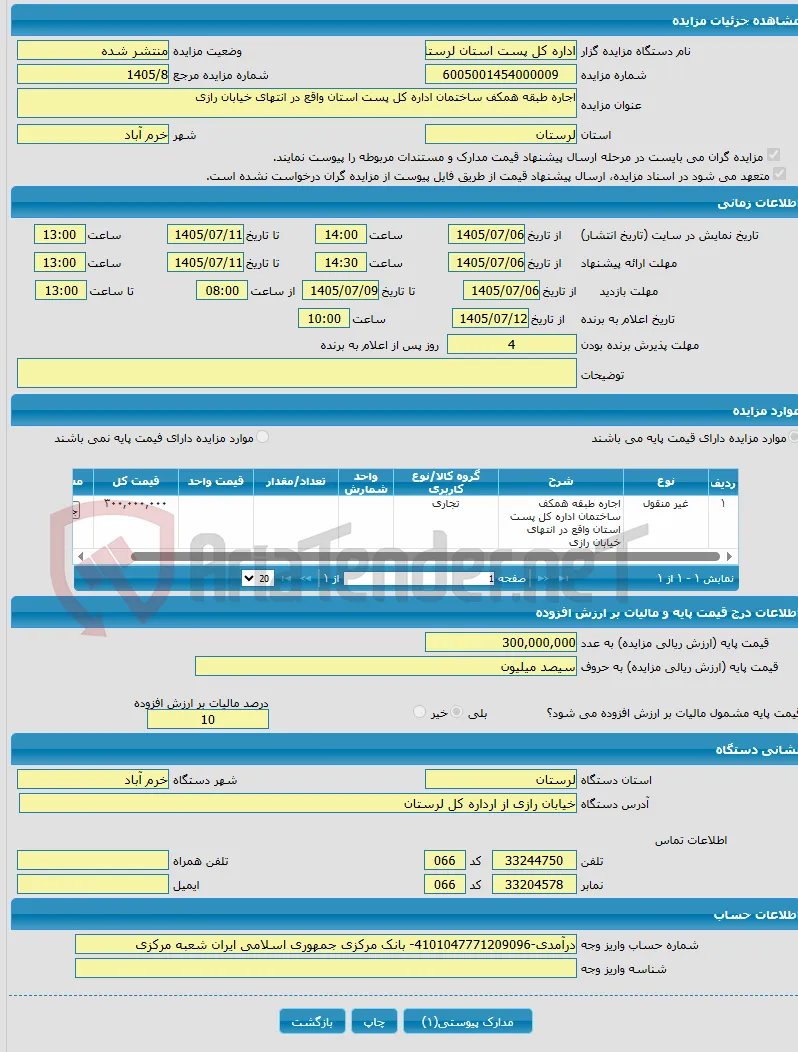 اجاره طبقه همکف ساختمان اداره کل پست استان واقع در انتهای خیابان رازی 
