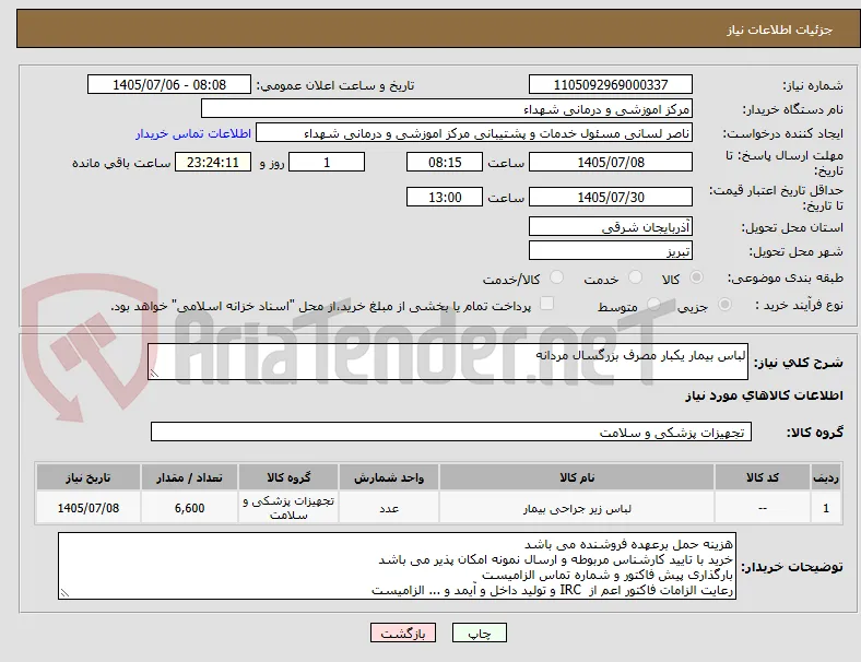 لباس بیمار یکبار مصرف بزرگسال مردانه 