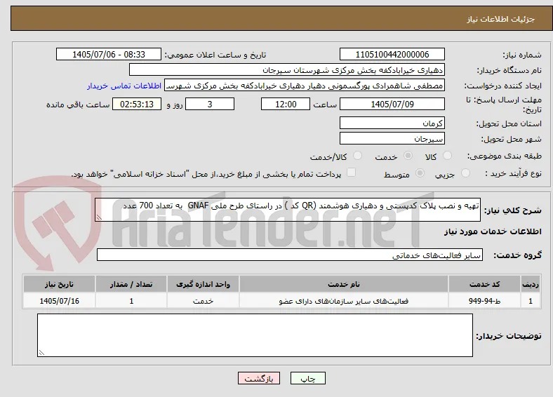 تهیه و نصب پلاک کدپستی و دهیاری هوشمند (QR کد ) در راستای طرح ملی GNAF  به تعداد 700 عدد 