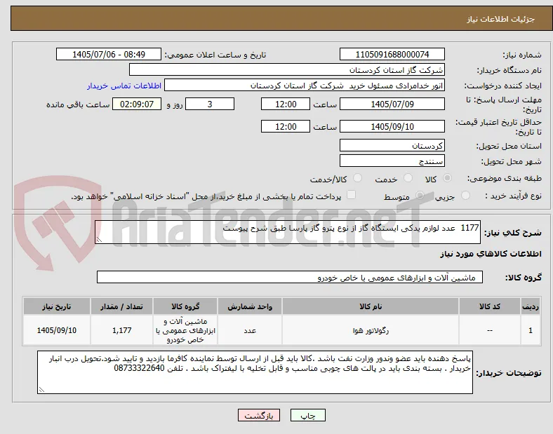 1177  عدد لوازم یدکی ایستگاه گاز از نوع پترو گاز پارسا طبق شرح پیوست 