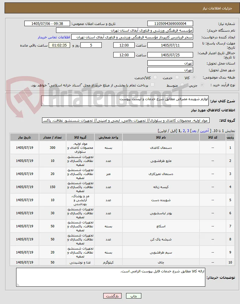 لوازم شوینده مصرفی مطابق شرح خدمات و لیست پیوست