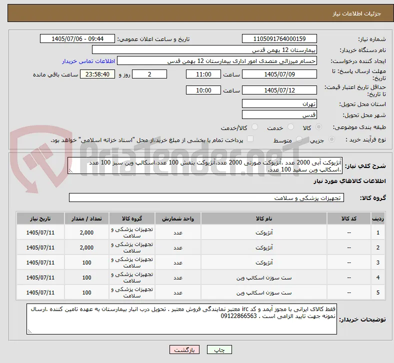 آنژیوکت آبی 2000 عدد ،آنژیوکت صورتی 2000 عدد،آنژیوکت بنفش 100 عدد،اسکالپ وین سبز 100 عدد ،اسکالپ وین سفید 100 عدد.