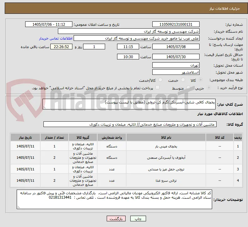 یخچال کافی شاپی-آبسردکن/گرم کن-ترولی (مطابق با لیست پیوست)