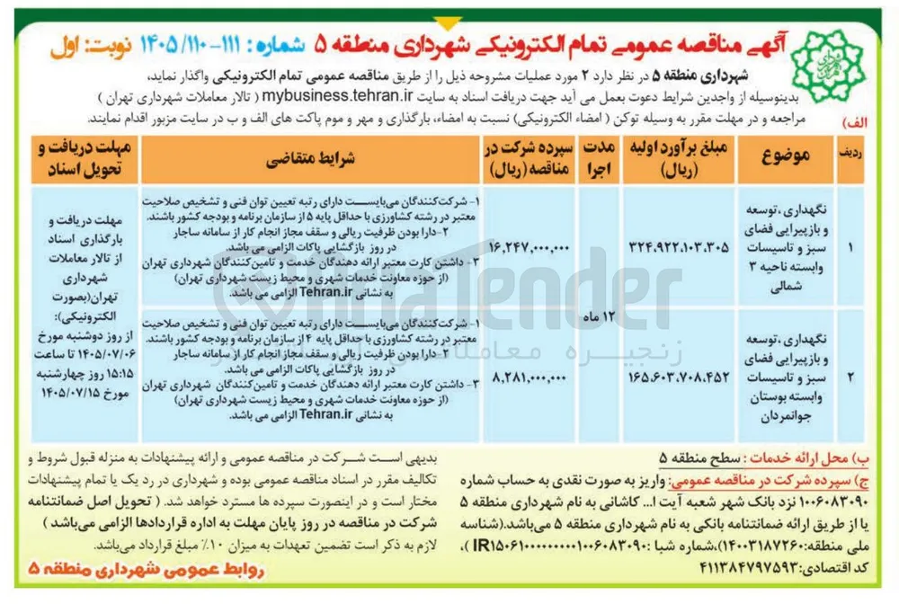 نگهداری، توسعه و بازپیرایی فضای سبز و تاسیسات وابسته بوستان جوانمردان