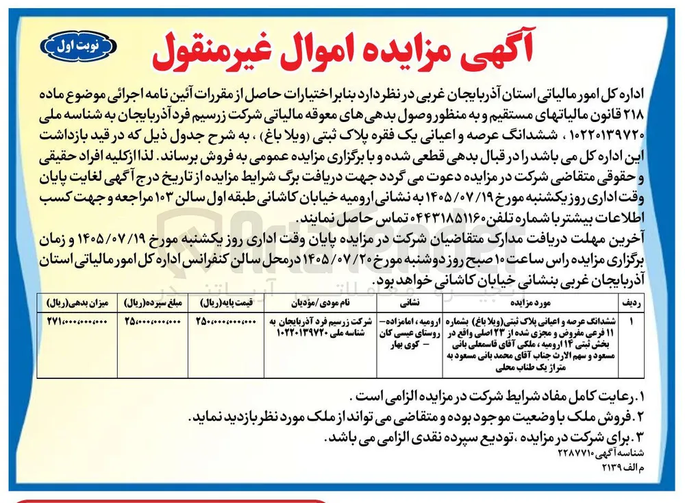 فروش ششدانگ عرصه و اعیانی یک فقره پلاک ثبتی (ویلا باغ)