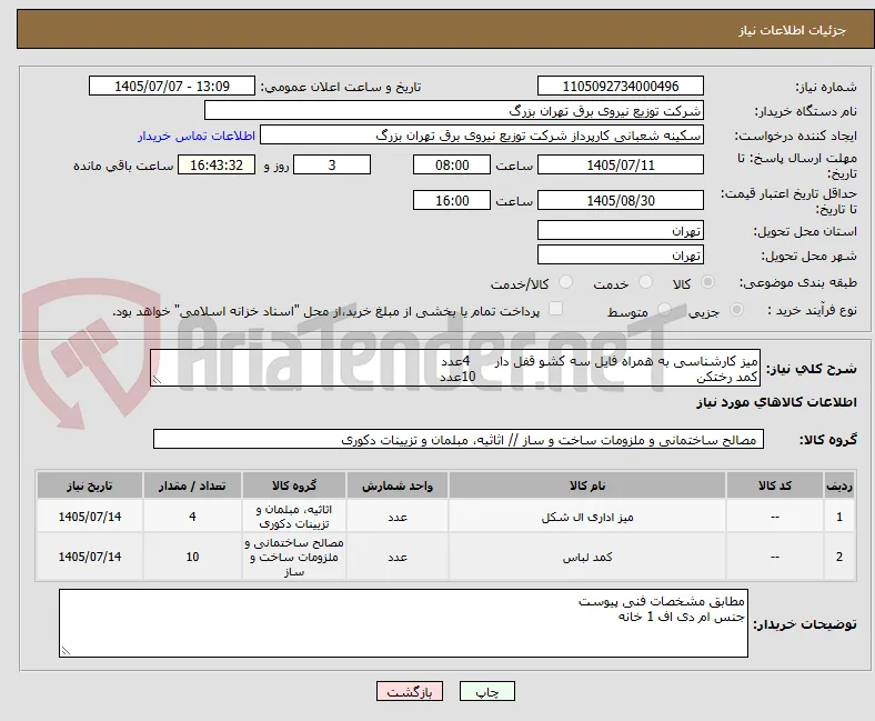 میز کارشناسی به همراه فایل سه کشو قفل دار      4عدد
کمد رختکن                                                     10عدد