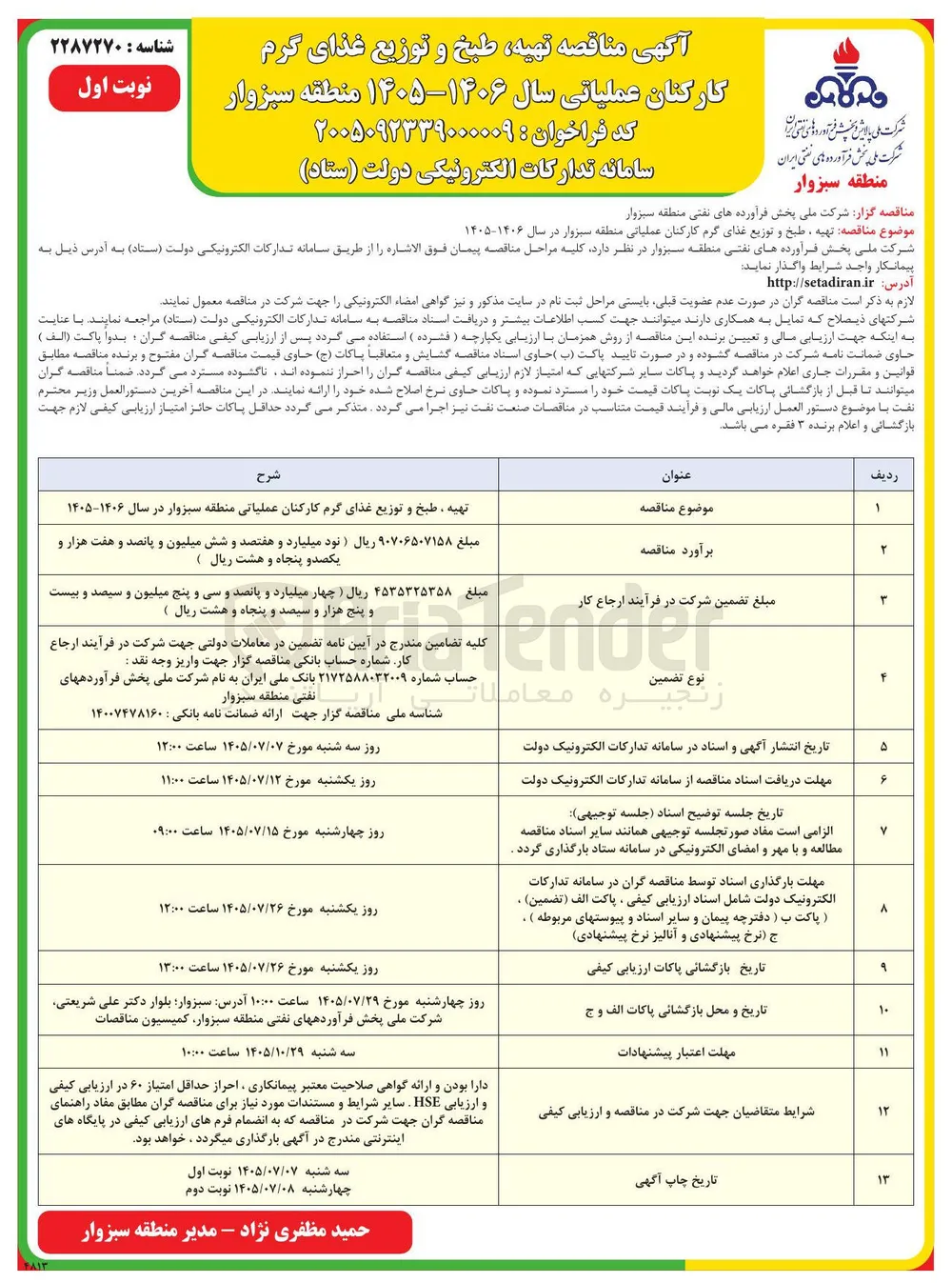 تهیه، طبخ و توزیع غذای گرم کارکنان عملیاتی منطقه سبزوار در سال ۱۴۰۶-۱۴۰۵