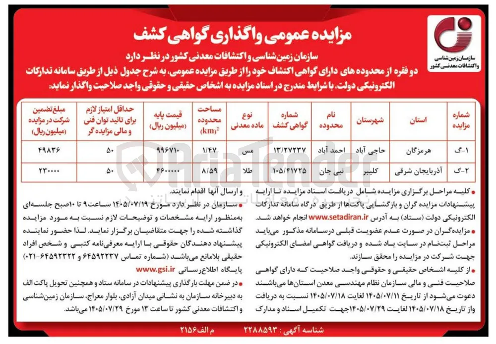 واگذاری دو فقره محدوده دارای گواهی کشف
