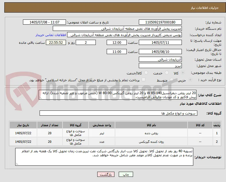 20 لیتر روغن دیفرانسیل140-85 W و 20 لیتر روغن گیربکس 90-80 W (جنس مرغوب و غیر تصفیه شده). ارائه پیش فاکتور و کد مودیان مالیاتی الزامیست.
