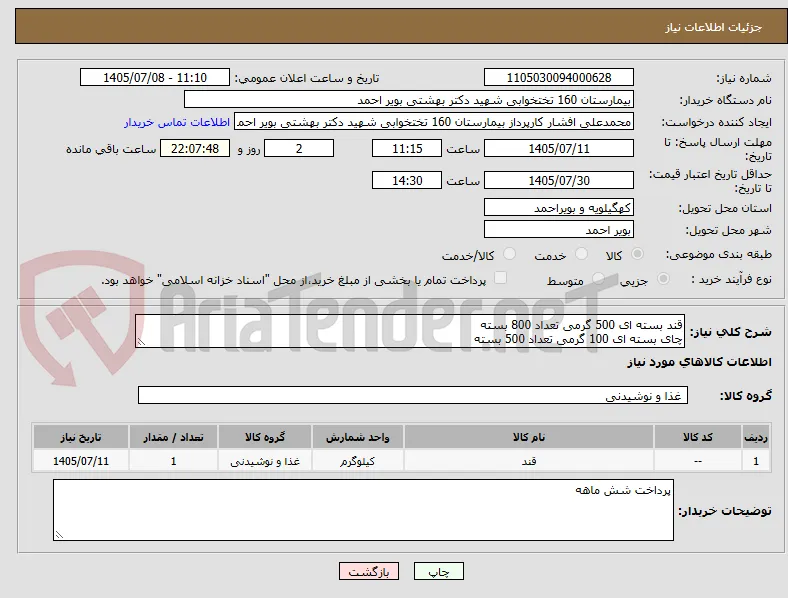 قند بسته ای 500 گرمی تعداد 800 بسته 
چای بسته ای 100 گرمی تعداد 500 بسته 
