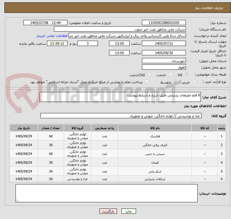 6 قلم ملزومات پذیرایی طبق شرح و شرایط پیوست