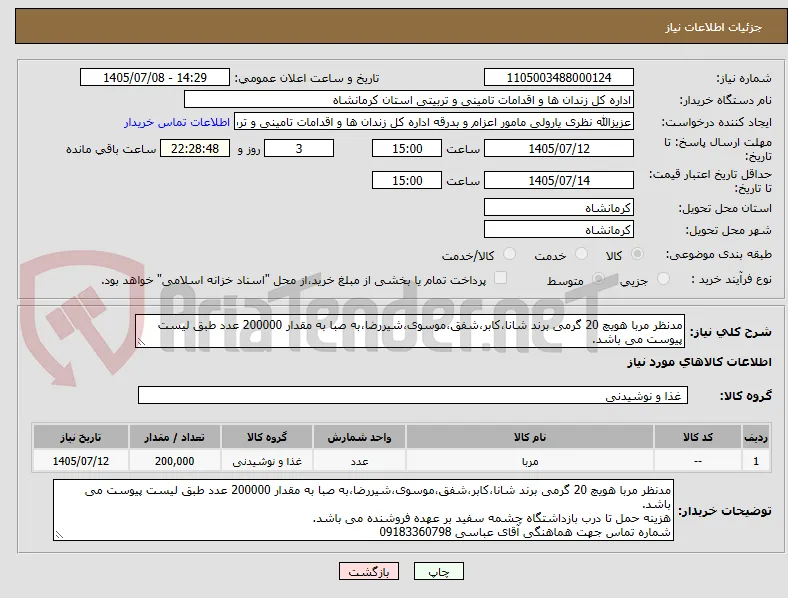 مدنظر مربا هویچ 20 گرمی برند شانا،کابر،شفق،موسوی،شیررضا،به صبا به مقدار 200000 عدد طبق لیست پیوست می باشد.