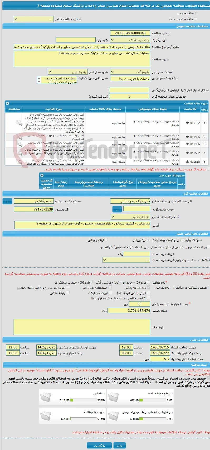 مناقصه عمومی یک مرحله ای  عملیات اصلاح هندسی معابر و احداث پارکینگ سطح محدوده منطقه 2