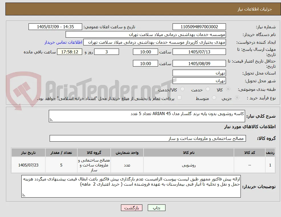 کاسه روشویی بدون پایه برند گلسار مدل ARIAN 45 تعداد 5 عدد