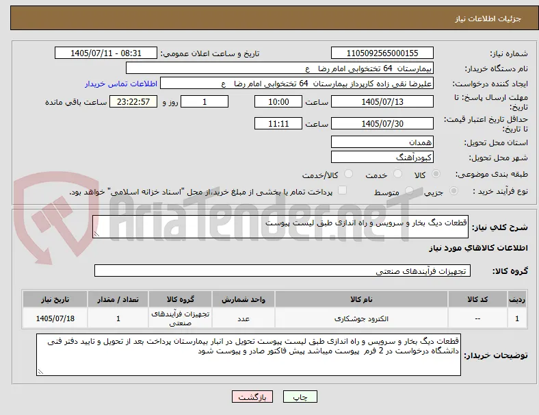 قطعات دیگ بخار و سرویس و راه اندازی طبق لیست پیوست