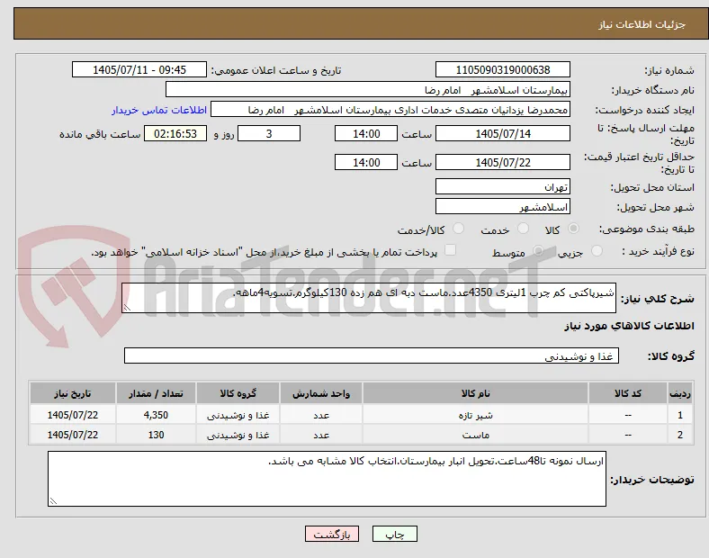شیرپاکتی کم چرب 1لیتری 4350عدد.ماست دبه ای هم زده 130کیلوگرم.تسویه4ماهه.