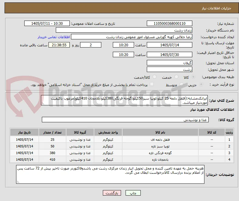 ایرانکدمشابه:(فلفل دلمه 25 کیلو،لوبیا سبز50کیلو،گوجه فرنگی380کیلو،بادمجان 410کیلو)مرغوب باکیفیت موردنیاز میباشد.