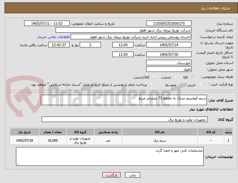 سیم آلومینیم مینک به مقطع 73 میلیمتر مربع