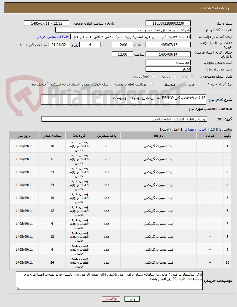 12 قلم قطعات یدکی DENYO  مطابق شرح توضیحات و پیوست 