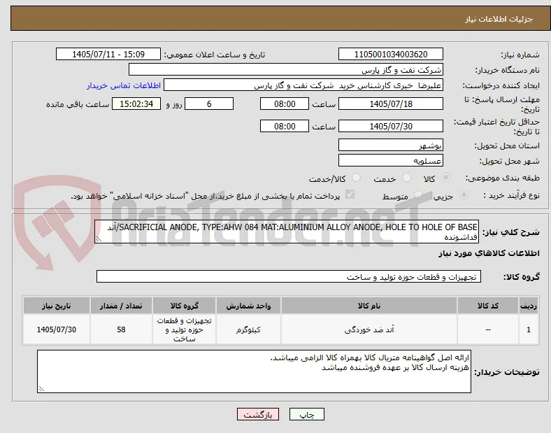 SACRIFICIAL ANODE, TYPE:AHW 084 MAT:ALUMINIUM ALLOY ANODE, HOLE TO HOLE OF BASE/آند فداشونده