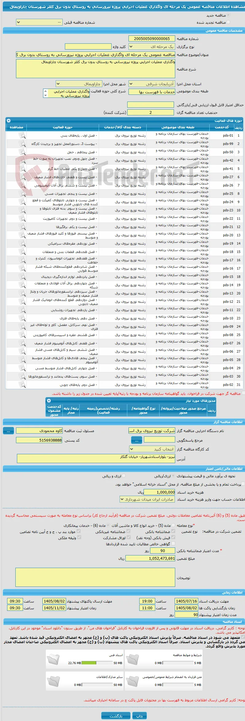 مناقصه عمومی یک مرحله ای واگذاری عملیات اجرایی پروژه نیرورسانی به روستای بدون برق کللر شهرستان چاراویماق