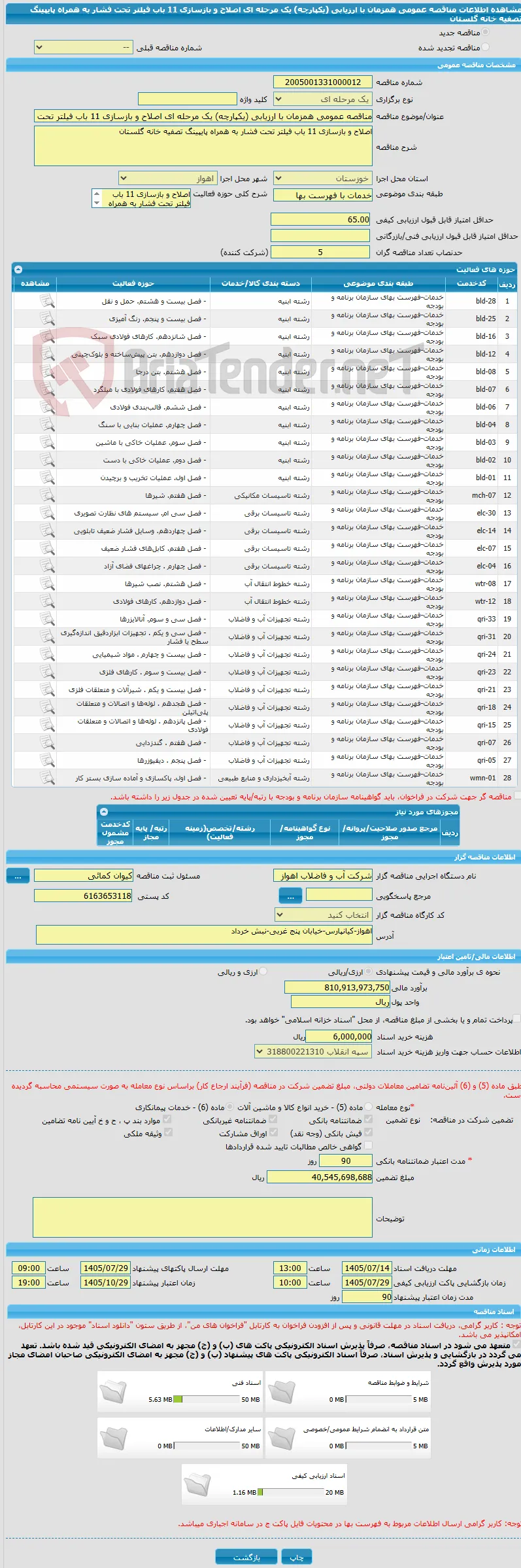 مناقصه عمومی همزمان با ارزیابی (یکپارچه) یک مرحله ای اصلاح و بازسازی 11 باب فیلتر تحت فشار به همراه پایپینگ تصفیه خانه گلستان