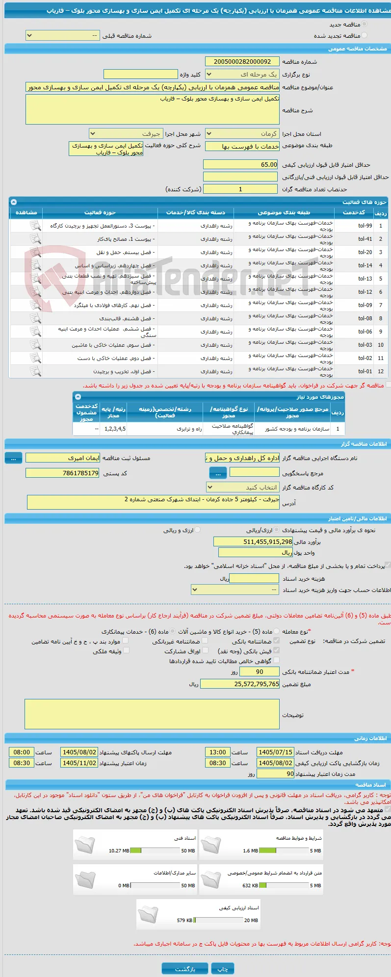 مناقصه عمومی همزمان با ارزیابی (یکپارچه) یک مرحله ای تکمیل ایمن سازی و بهسازی محور بلوک – فاریاب 