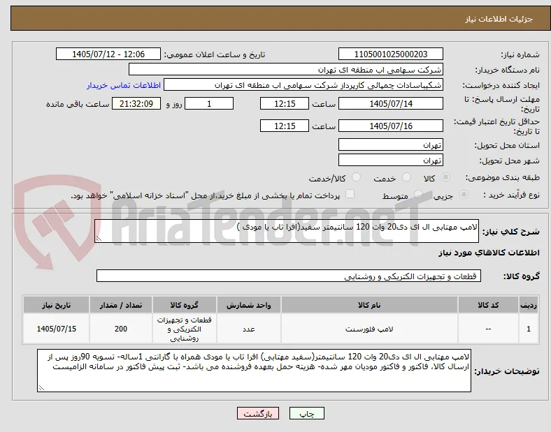 لامپ مهتابی ال ای دی20 وات 120 سانتیمتر سفید(افرا تاب یا مودی )